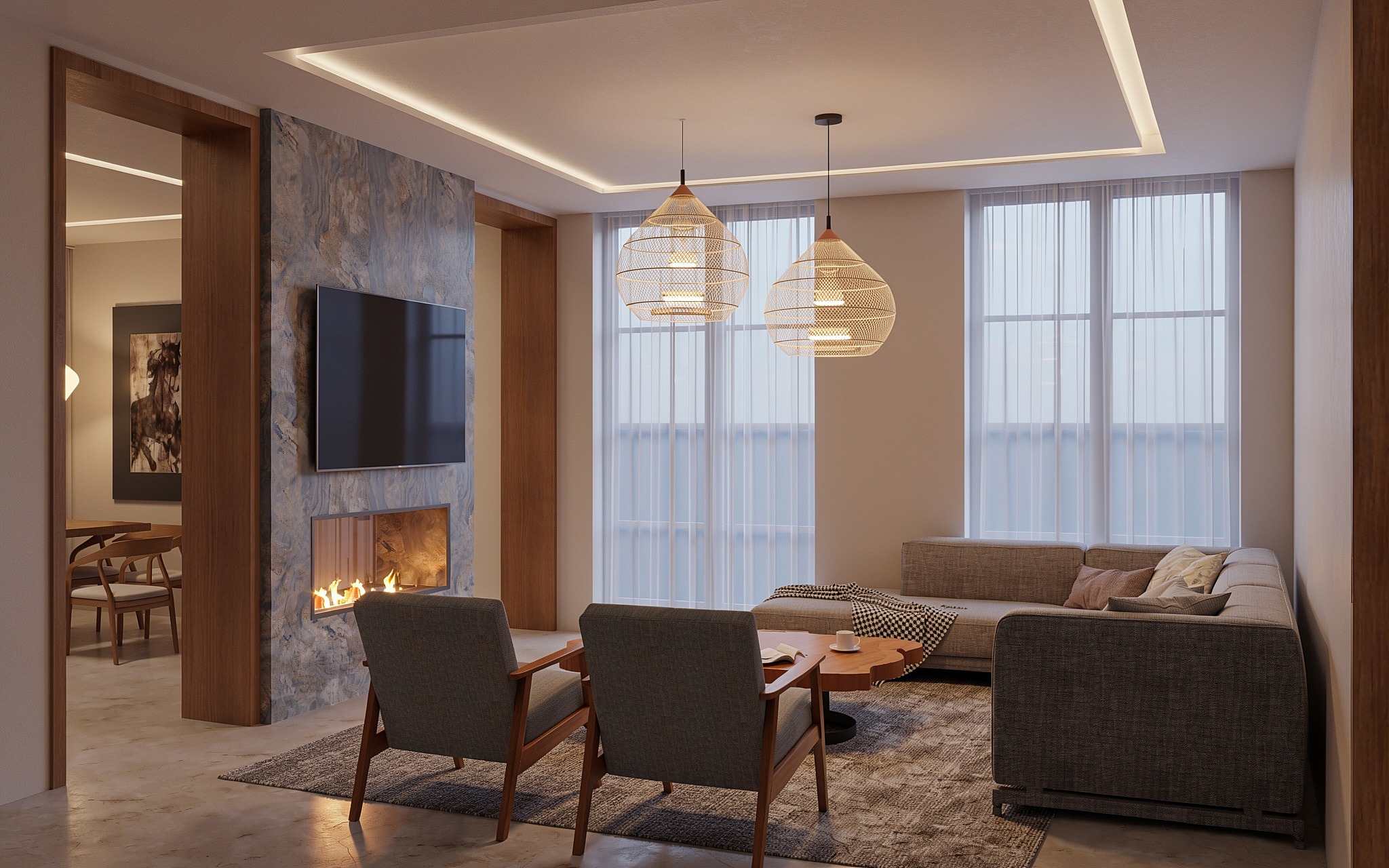 Sala de Casa AC con chimenea como elemento divisorio