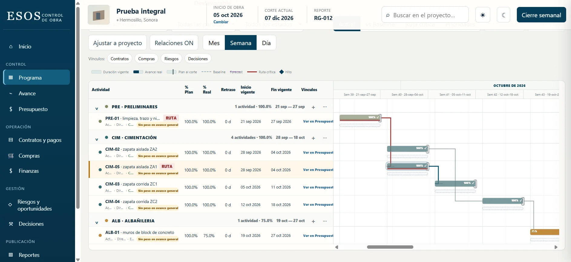 Programa Gantt de Control de Obra ESOS