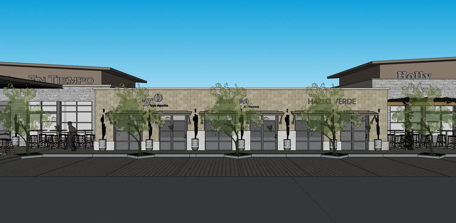 Visualización del frente comercial de Plaza Pueblitos