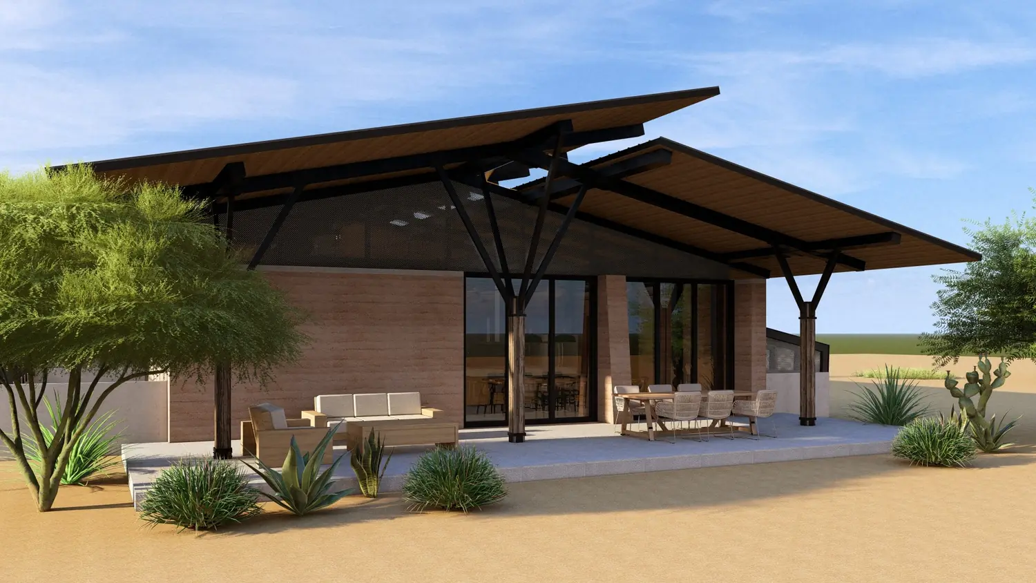 Visualización exterior del proyecto T&A con cubierta profunda y estructura
