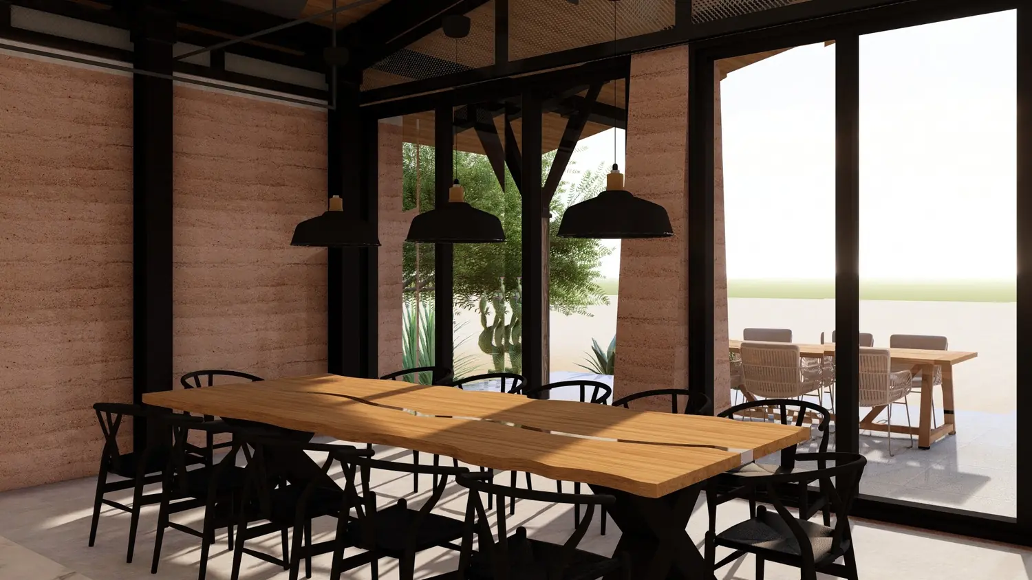 Comedor del proyecto T&A abierto hacia el exterior