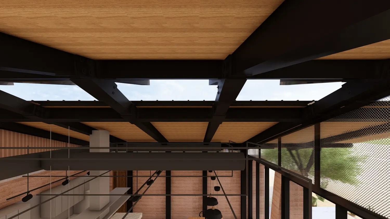Cubierta y estructura del proyecto T&A vistas desde el interior