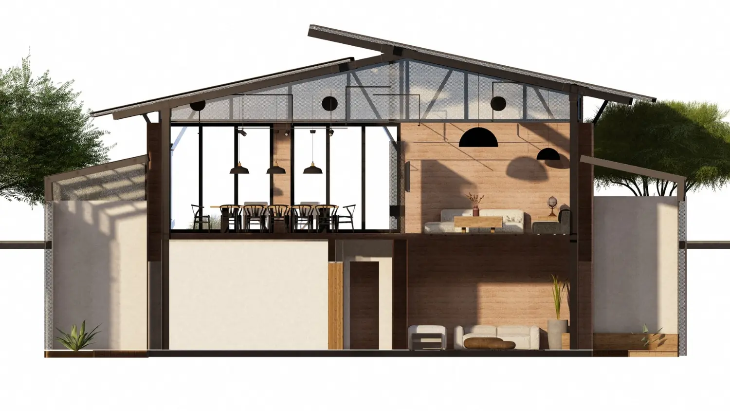 Proyecto T&A, corte con cubierta, estructura y muros de tierra